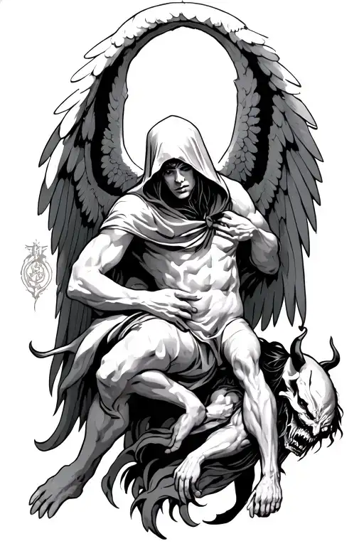 hooded arch angel defeating a demon tattoo design idea