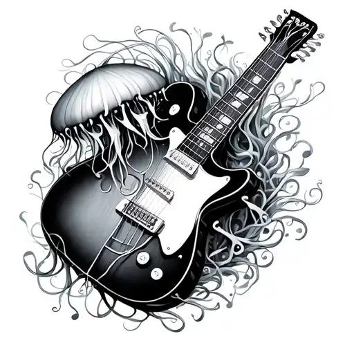 guitar neck Surrounds be musical notes floating jellyfish tattoo design idea