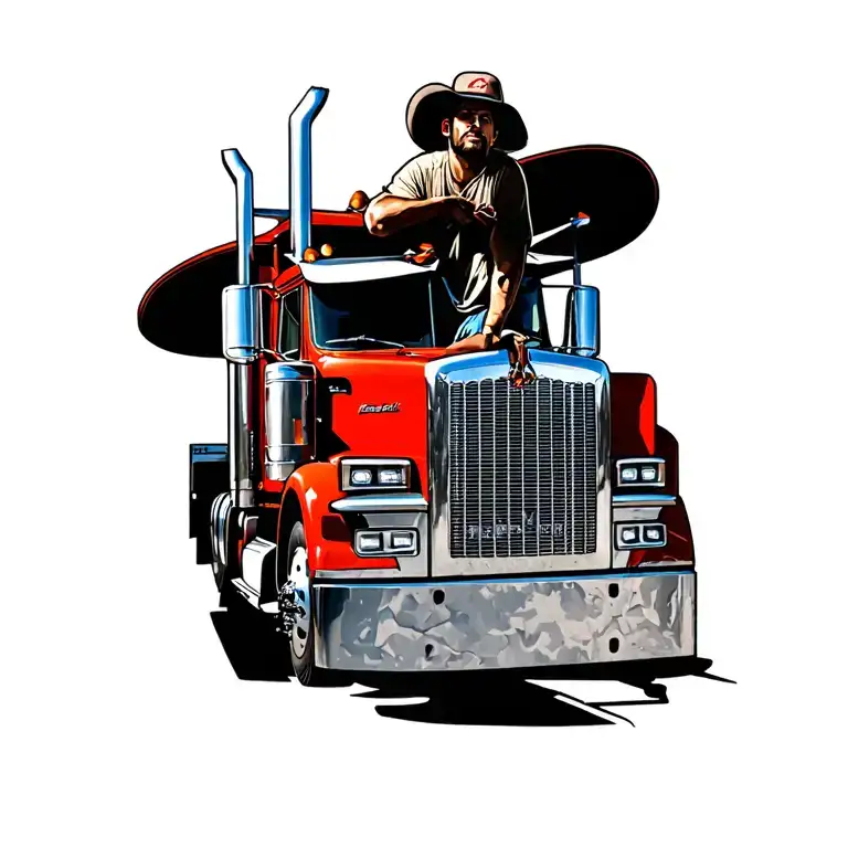 Peterbilt semi truck , siloutte of man leaning on truck with baseball hat and cigarette, concrete cowboy tattoo design idea