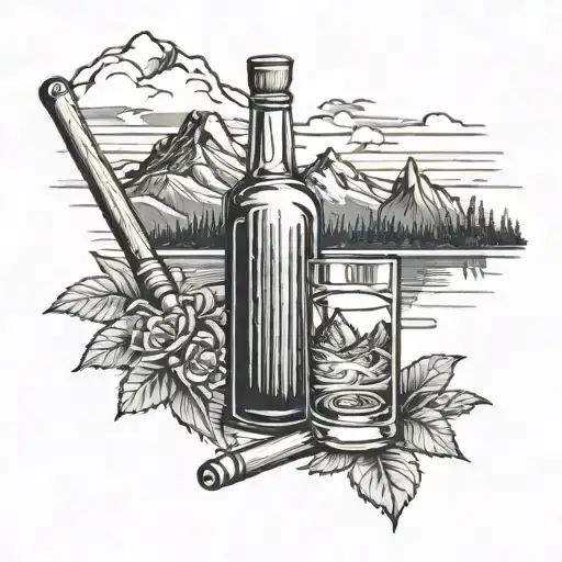 A vintage whiskey bottle with a pool cue and Alaska mountains in the background tattoo design idea