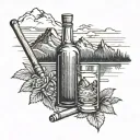A vintage whiskey bottle with a pool cue and Alaska mountains in the background tattoo design idea