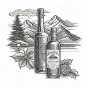 A vintage whiskey bottle with a pool cue and Alaska mountains in the background tattoo design idea