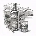 A vintage whiskey bottle with a pool cue and Alaska mountains in the background tattoo design idea