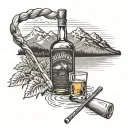 A vintage whiskey bottle with a pool cue and Alaska mountains in the background tattoo design idea