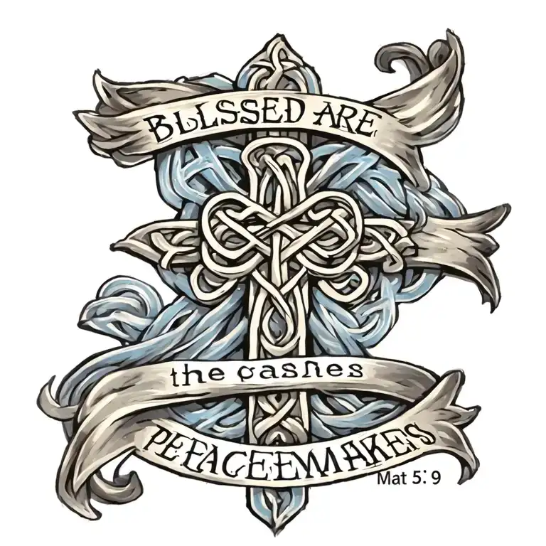Celtic Cross with ""Blessed are the peacemakers" written on a blue banner draped on the cross.  Mat 5:9 written below tattoo design idea