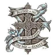 Celtic Cross with ""Blessed are the peacemakers" written on a blue banner draped on the cross.  Mat 5:9 written below tattoo design idea