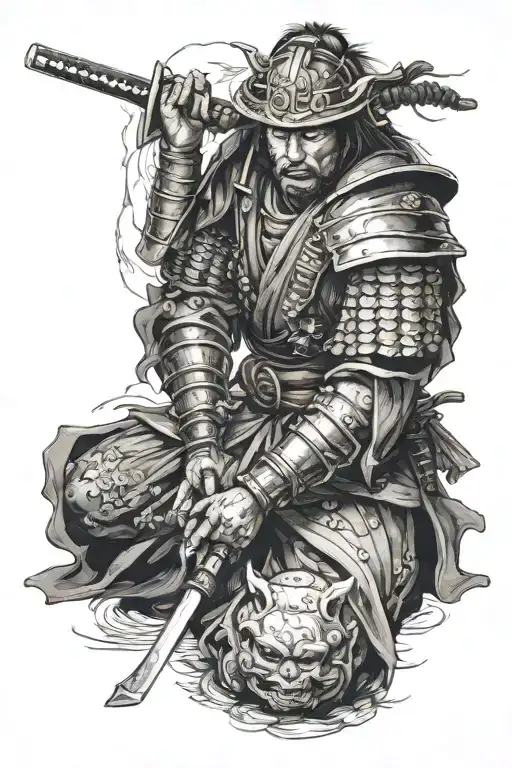 Samurai kneeling with head down surrounded by enemies tattoo design idea