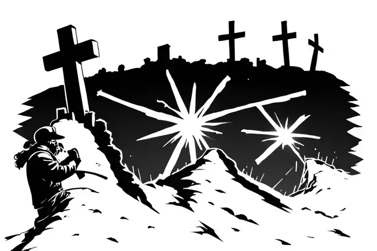 3 crosses on a hill with a man welding  tattoo design idea