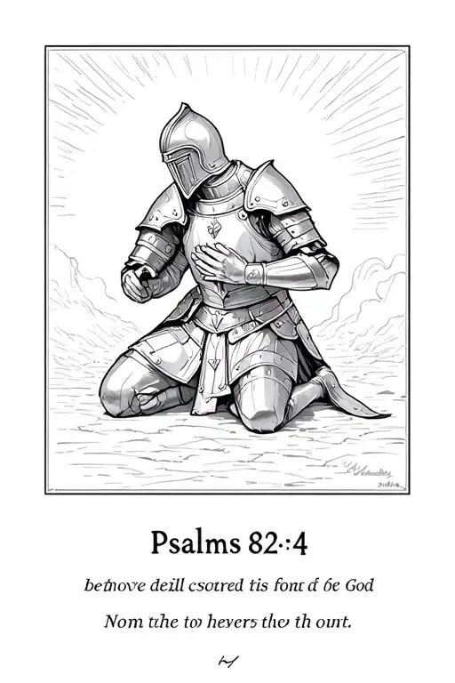 "Psalms 82:3-4 "  At the center, a valiant knight in detailed, battle-worn armor kneels in solemn prayer before God. His helmet is remove tattoo design idea