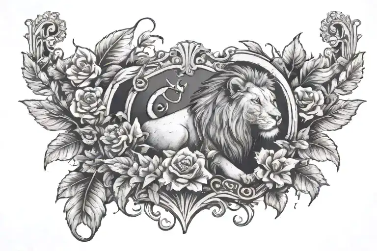 a tomb stone with words and a lions mouth enclosed the top and bottom of the tombstone. surrounded by vines and greenery tattoo design idea