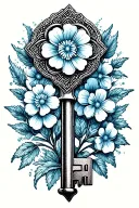 Old key with intricate patterns and a forget-me-not flower branch tattoo design idea