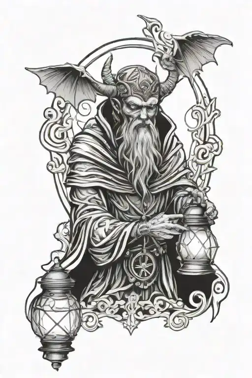 Realistic tattoo of a demon in a mantle, with a glowing lantern, The Hermit tarot, gothic designs and a red background.  tattoo design idea