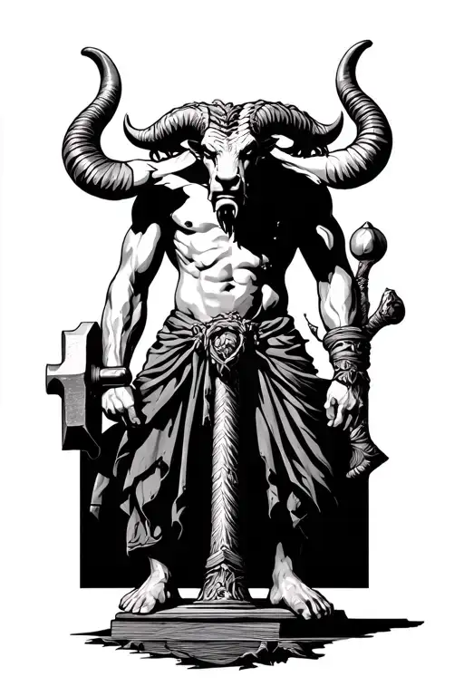Greek Minotaur hammer standing tall amidst sad tattoo design idea