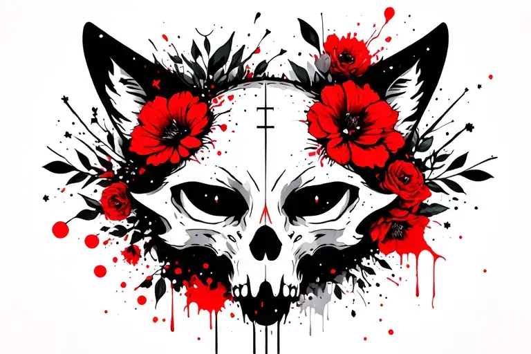 Fox skull, crescent moons, runes, goth, flowers tattoo design idea