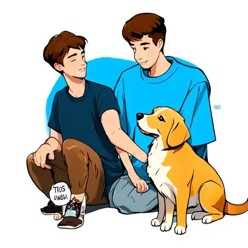 A small tattoo design in Pixar/Disney style: a golden retriever sitting and giving its paw to a young man. Both are faci tattoo design idea