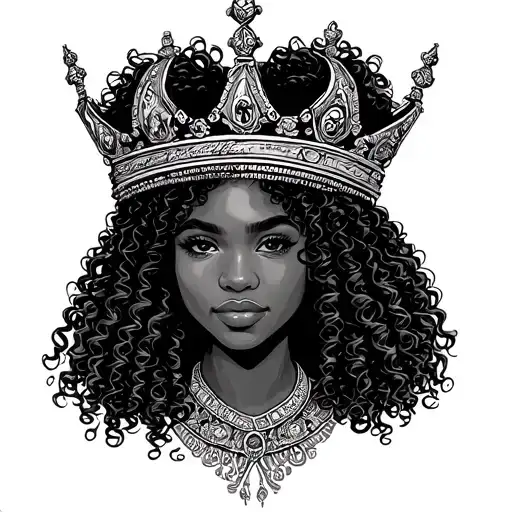 curly afro haired female with crown surrounded tattoo design idea