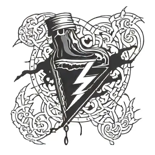 lightning bolt striking a broken bottle on its side with a broken heart in it tattoo design idea