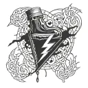 lightning bolt striking a broken bottle on its side with a broken heart in it tattoo design idea