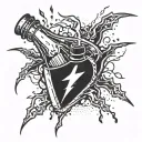 lightning bolt striking a broken bottle on its side with a broken heart in it tattoo design idea