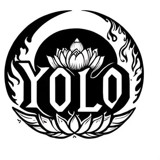 i want a tattoo design encompassing a lotus, a half moon, fire a word YOLO tattoo design idea