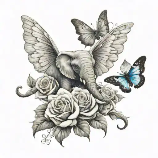 angel and elephant and rose and butterfly tattoo design idea