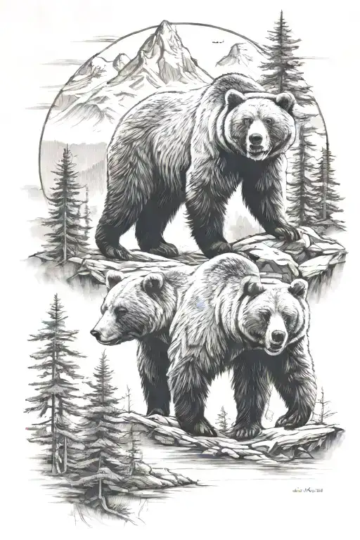 grizzly bear, mountains and trees  tattoo design idea