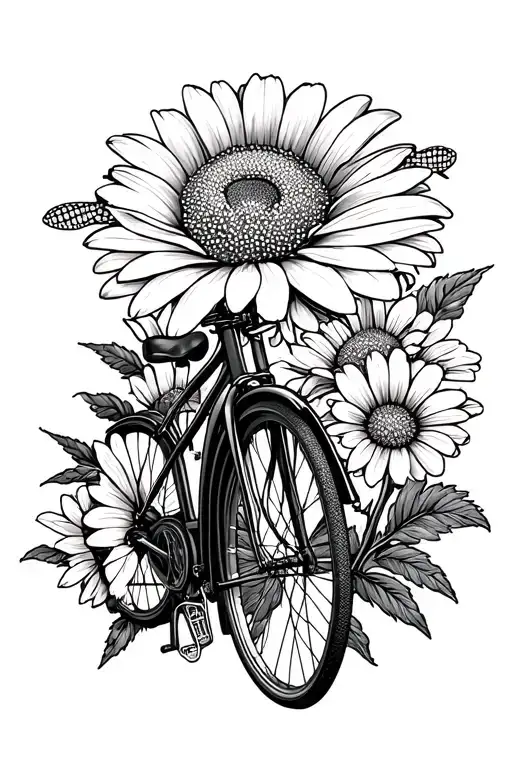 daisy, peony, bike, manchester bee tattoo design idea