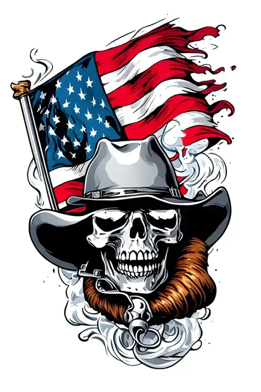 cowboy skull smoking gun with American flag waving tattoo design idea