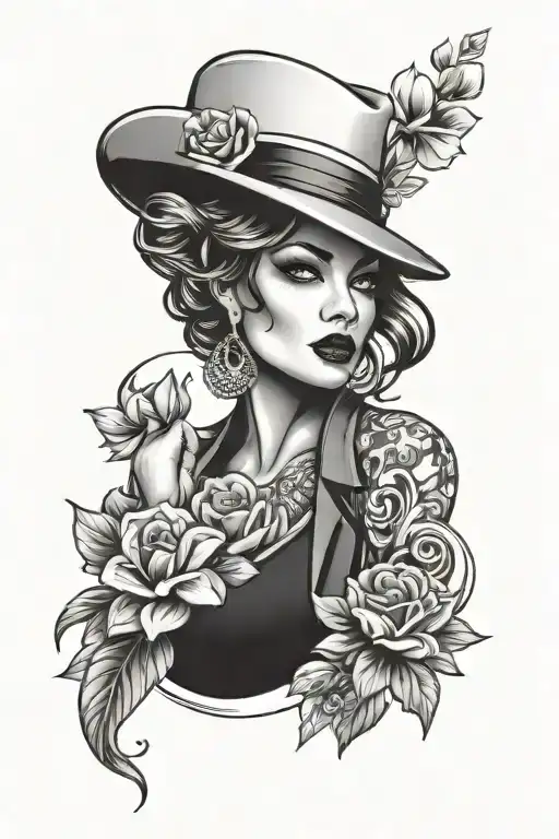 mafia girl with flowers tattoo design idea