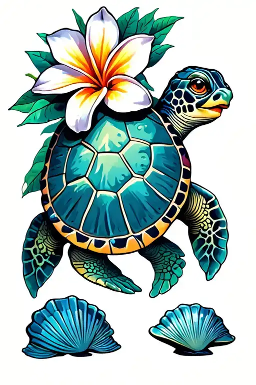 Sea Turtle with seashell and plumeria tattoo design idea