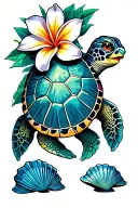 Sea Turtle with seashell and plumeria tattoo design idea