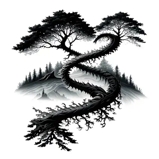 double helix merging with nature elements like trees tattoo design idea