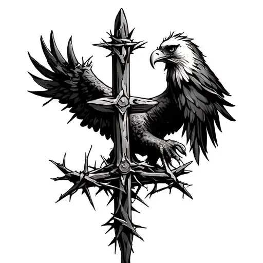 Christian cross made of nails with crown of thorns and eagle tattoo design idea