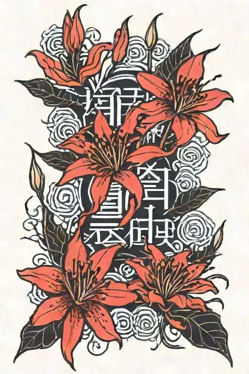 red spider lilies surounding japanese kanji symbols of self love tattoo design idea