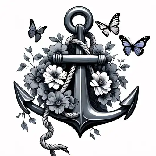 anchor with rope with flowers and butterflies flying with Catalina 01/08/2018 tattoo design idea