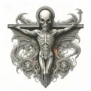 burning Christian crucifix with a cowering Xenomorph from the film alien tattoo design idea