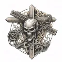 burning Christian crucifix with a cowering Xenomorph from the film alien tattoo design idea