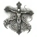 burning Christian crucifix with a cowering Xenomorph from the film alien tattoo design idea