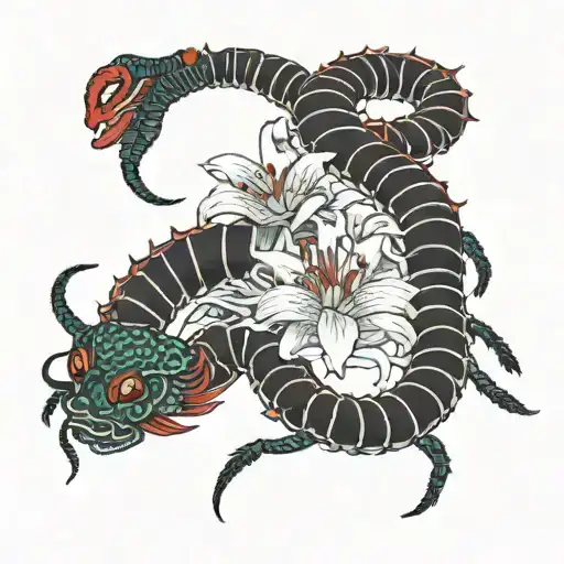 black centipede with japanese lily tattoo design idea