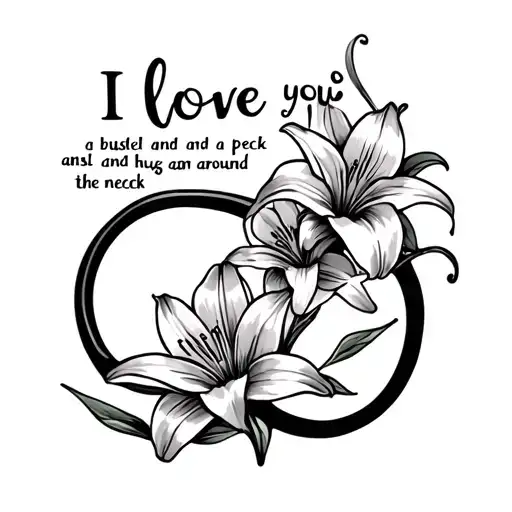 Words” I love you a bushel and a peck and a hug around the neck” in an infinity shape with 3 lily flowers tattoo design idea