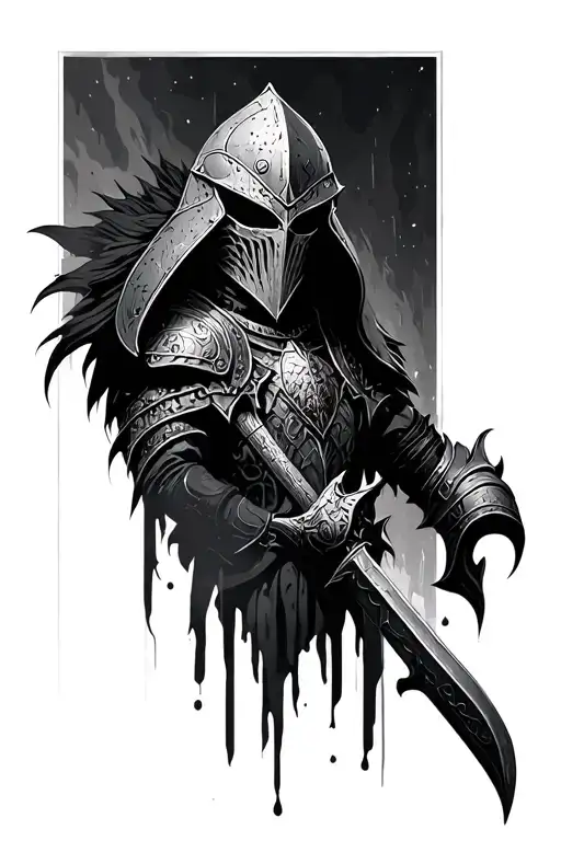dark souls, gothic knight, gritty, horror.  tattoo design idea