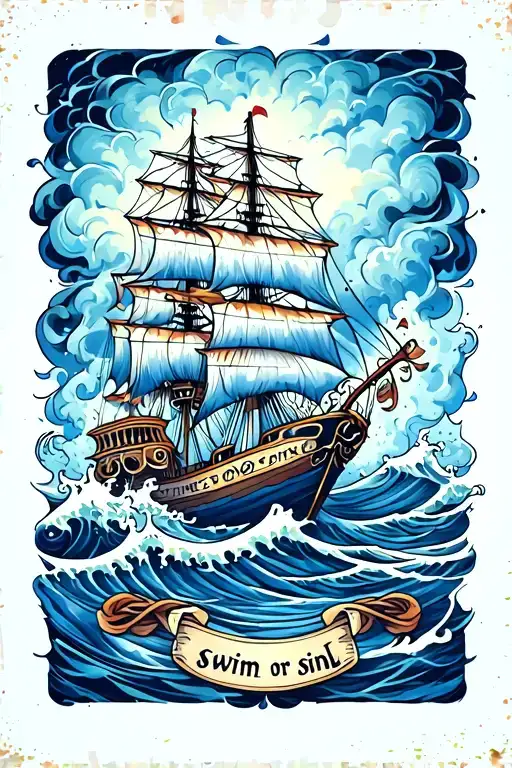 neotraditional ship with waves and storm and a pergamine with words "swim or sink" tattoo design idea