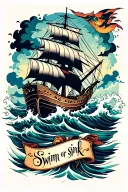 neotraditional ship with waves and storm and a pergamine with words "swim or sink" tattoo design idea