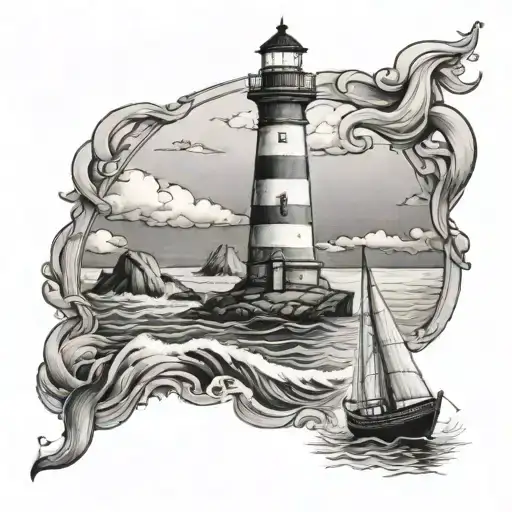 Lighthouse And A Little Boat sailing away tattoo design idea