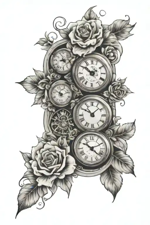 three  clocks surrounded by flowers tattoo design idea