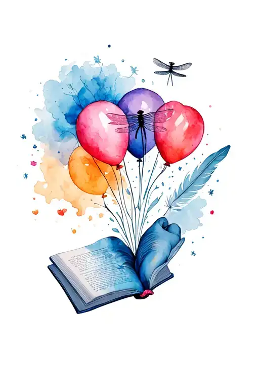 book, Hand with Ballons, dragon-fly, Feather, hearth, dandelion, Abstract, watercolor Aquarell  tattoo design idea