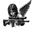 Black tattoo sketch. Guardian angel aiming at a sniper rifle. Sniper rifle SVD tattoo design idea