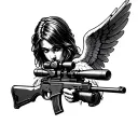 Black tattoo sketch. Guardian angel aiming at a sniper rifle. Sniper rifle SVD tattoo design idea