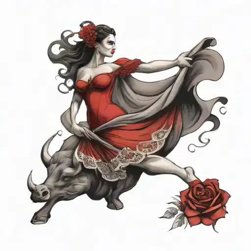 bull, flamenco dancer in red dress, exotic island tattoo design idea