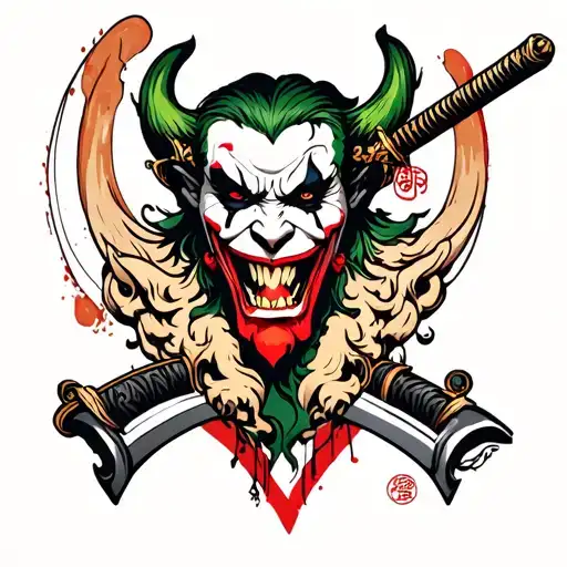 Japanese, Ronin, Oni, Katana, Joker tattoo design idea